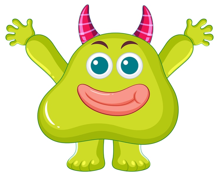 Vector gratuito adorables monstruos alienígenas verdes personaje de dibujos animados con cuernos
