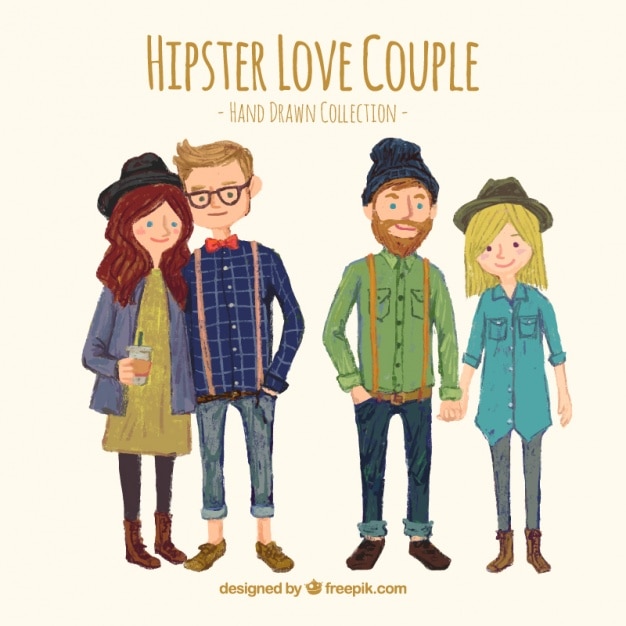 Vector gratuito adorables parejas hipster pintadas a mano