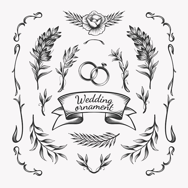 Vector gratuito adornos de álbum de boda dibujados a mano