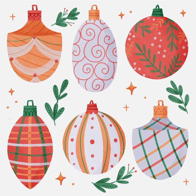 Adornos de bolas de navidad en acuarela