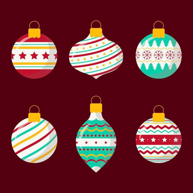 Adornos de bolas navideñas en diseño plano.