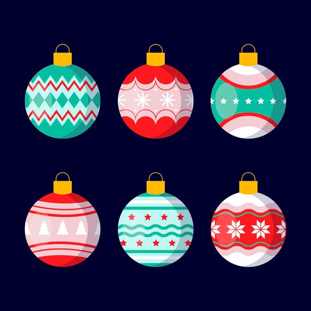 Adornos de bolas navideñas en diseño plano.