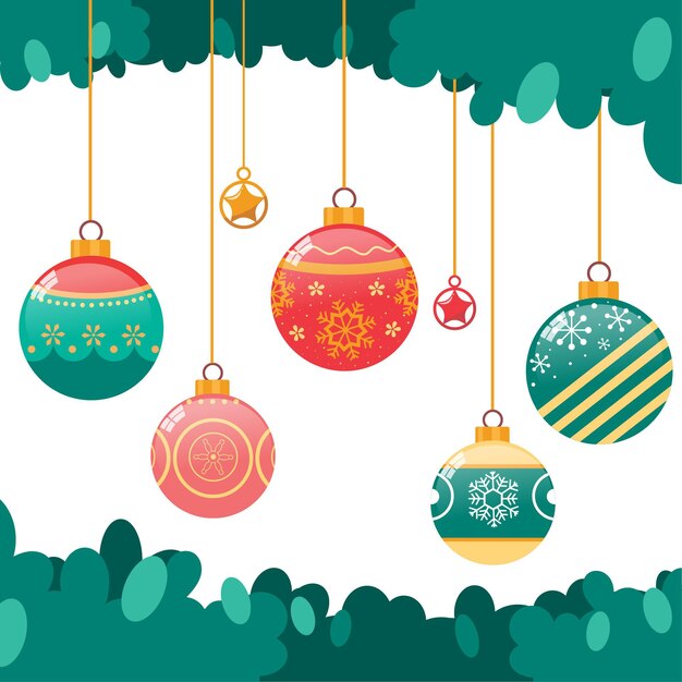 Adornos de bolas navideñas en diseño plano.