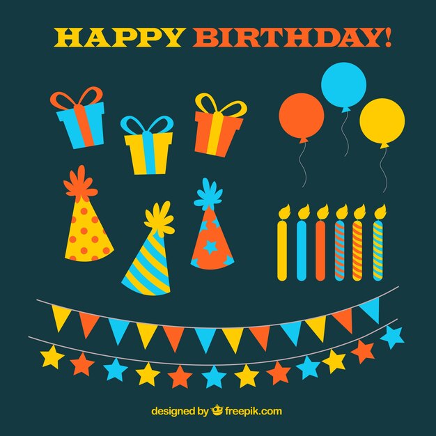 Adornos de cumpleaños coloridos en diseño plano