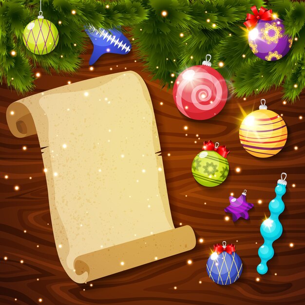 Adornos navideños y hoja de papel