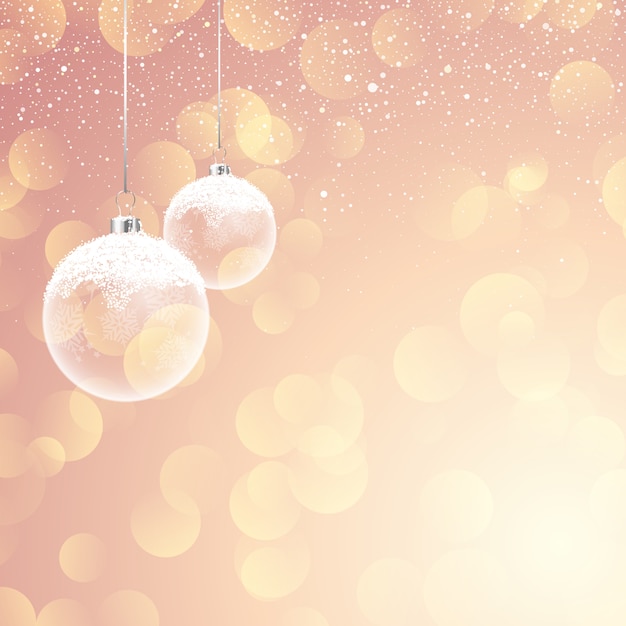 Adornos navideños de nieve en el fondo de luces bokeh