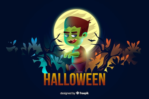 Vector gratuito adulto joven zombie en un bosque de fondo de halloween