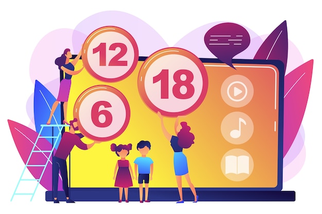Adultos calificando contenido para niños con signos de restricción de edad. Sistema de clasificación de contenido, contenido de limitación de edad, concepto de clasificación de censura. Ilustración aislada violeta vibrante brillante