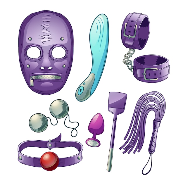 Vector gratuito adultos juguetes sexuales, accesorios para juego de dibujos animados bdsm con consolador o vibrador