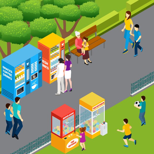 Adultos y niños que usan máquinas expendedoras y colectores de juguetes caminando y jugando en el parque ilustración isométrica del vector 3d