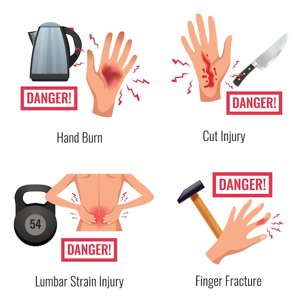 Vector gratuito advertencia de lesiones de partes del cuerpo humano 4 composiciones planas que se queman a mano fractura de dedo deformación de la madera