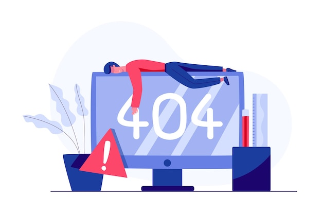 Advertencia de red de Internet 404 Error Página o archivo no encontrado para la página web. Página de error de Internet o problema no encontrado en la red. Error 404 presente por el hombre durmiendo en la pantalla.