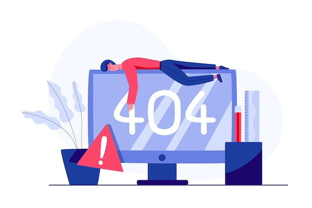 Vector gratuito advertencia de red de internet 404 error página o archivo no encontrado para la página web. página de error de internet o problema no encontrado en la red. error 404 presente por el hombre durmiendo en la pantalla.