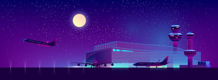 Vector gratuito aeropuerto de noche en colores ultravioleta, fondo.