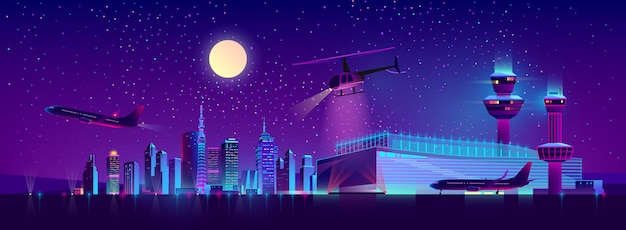 Aeropuerto de noche vector con avión y helicóptero.