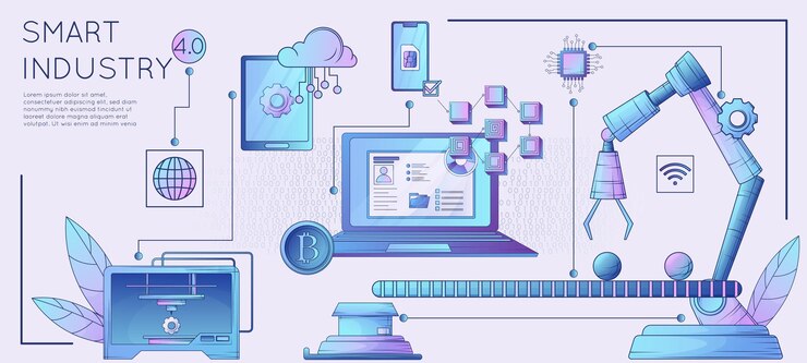 Vector gratuito afiche horizontal plano de tecnologías innovadoras de la industria inteligente 4.0 con fabricación robótica blockchain impresión 3d computación en la nube ilustración vectorial