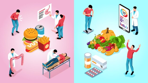 Afiche isométrico de la dieta de gastroenterología con síntomas alimentarios saludables y no saludables e ilustración del vector de tratamiento