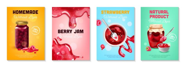 Afiche de mermelada realista con fondos verticales texto editable y mermelada de bayas en latas de vidrio placas ilustración vectorial