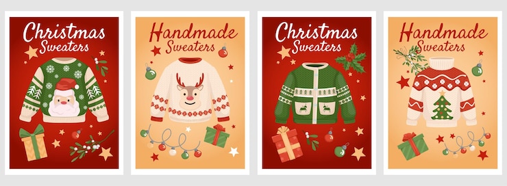 Vector gratuito afiche de suéteres navideños hechos a mano con cuatro composiciones verticales de íconos de regalo de texto adornado e ilustración vectorial de ropa