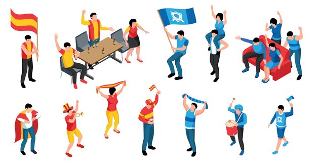 Aficionados deportivos con atributos coloridos que apoyan a dos equipos en la barra en casa y en el estadio conjunto isométrico ilustración vectorial aislada