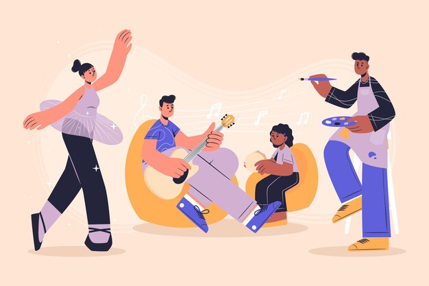 Aficiones de personas planas dibujadas a mano