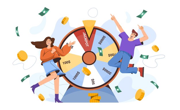 Los afortunados planos cerca de la rueda de la fortuna ganan dinero. Millonarios felices ganaron el premio gordo en el casino. Premio en efectivo en el juego de azar. Personajes ganadores con ruleta giratoria o círculo giratorio.