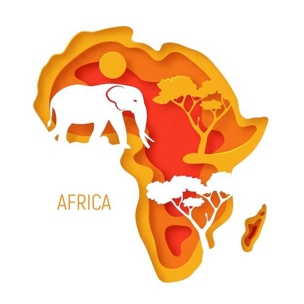 África. papel decorativo 3d corte mapa del continente africano con silueta de elefante