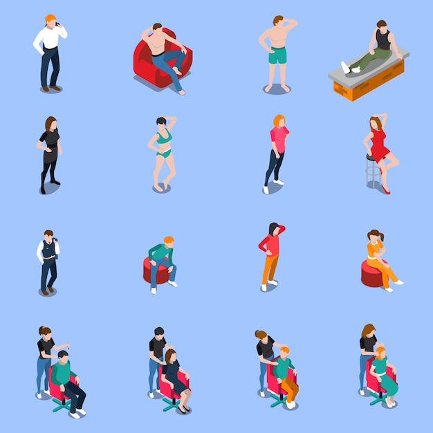 agencia de modelos conjunto de personas isométricas posando para la cámara en azul