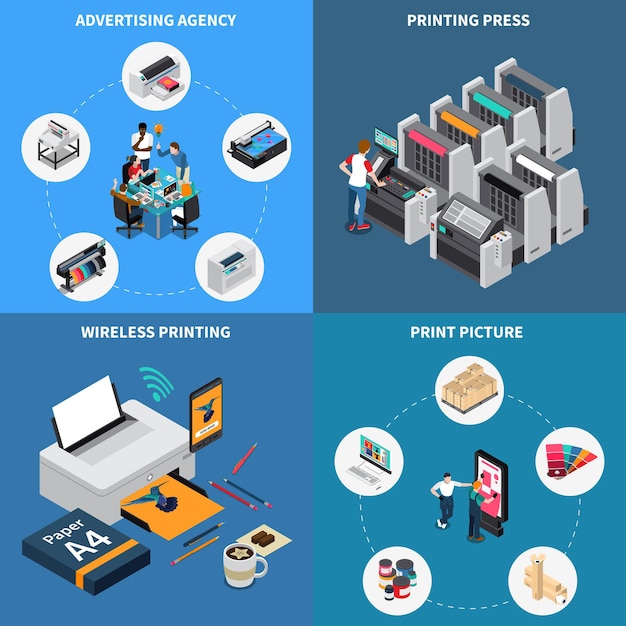 Agencia de publicidad concepto de imprenta 4 composiciones isométricas con tecnología digital creando imágenes dispositivo de prensa