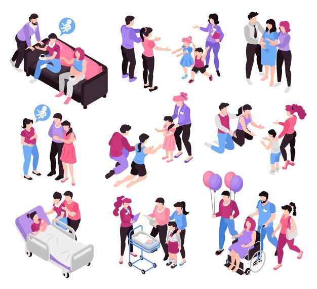 Las agencias de subrogación prestan servicio de embarazo, adopción, custodia, padres potenciales, reuniones, bienvenida a los niños, composiciones isométricas en el hogar, ilustración vectorial
