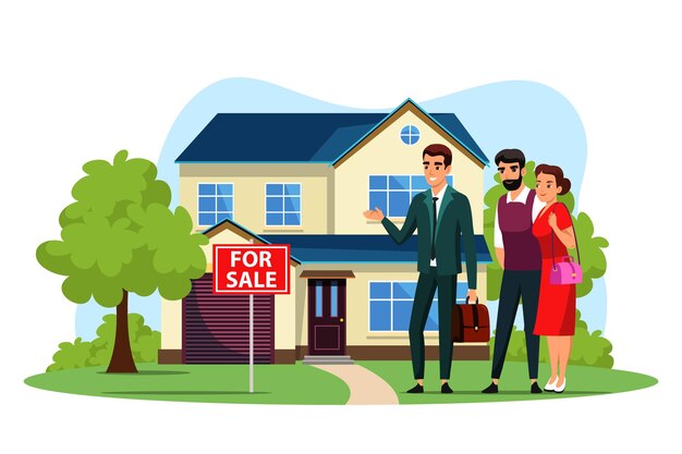 Agente de bienes raíces que ofrece casa a una pareja joven de la familia Esposa y esposo eligiendo un nuevo hogar en los suburbios para vivir