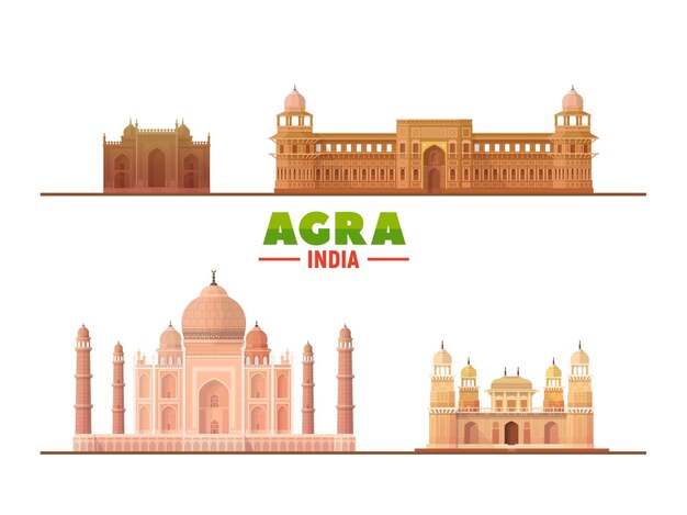 Agra India principales puntos de referencia en fondo blanco Ilustración vectorial Concepto de turismo y viajes de negocios con edificios modernos Imagen para banner o sitio web