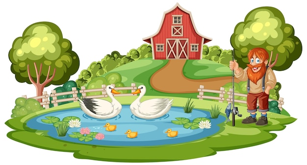 Vector gratuito agricultor amigable junto al estanque de patos