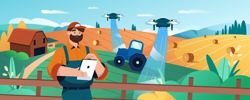 Vector gratis agricultor que usa drones robot para irrigar el campo agrícola