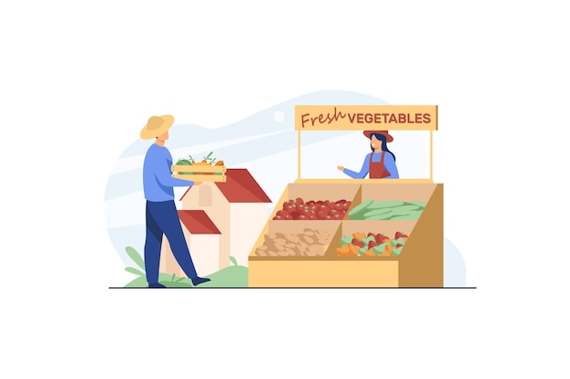 Agricultores felices vendiendo verduras frescas.