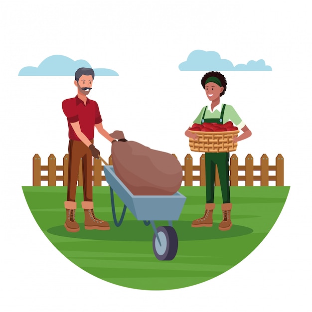 Vector gratuito agricultores que trabajan en caricaturas de la granja.