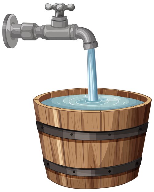 El agua fluye en un cubo de madera