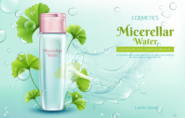 Agua micelar con extracto de ginkgo biloba para la limpieza de maquillaje 3d realista vector banner de publicidad, cartel.
