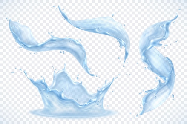 El agua salpica un conjunto realista con imágenes aisladas de flujos semitranslúcidos de líquido puro con ilustraciones vectoriales de gotas