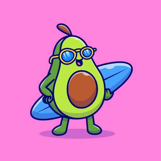 Vector gratuito aguacate lindo con ilustración de icono de dibujos animados de tabla de surf. icono de vacaciones de comida aislado. estilo de dibujos animados plana