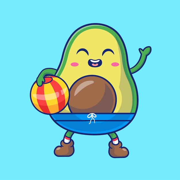 Vector gratuito aguacate lindo que sostiene la ilustración del icono del vector de la historieta del verano de la pelota de playa. comida vacaciones aislado plano