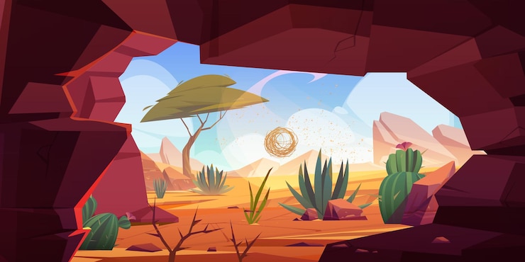 Vector gratuito agujero de entrada a la cueva del desierto en roca con cactus
