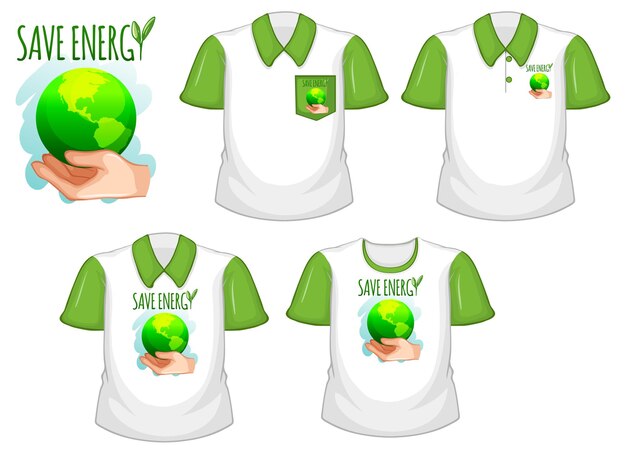 Ahorre el logotipo de energía y un conjunto de diferentes camisas blancas con mangas cortas verdes aisladas en blanco