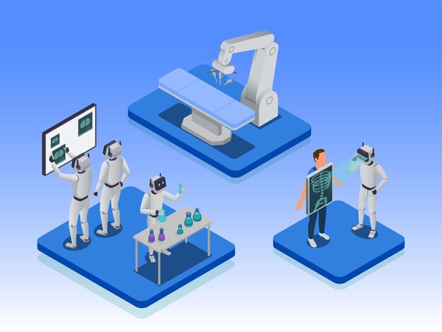 Ai en medicina concepto isométrico con equipo quirúrgico automático médicos robóticos e investigadores de laboratorio ilustración vectorial 3d