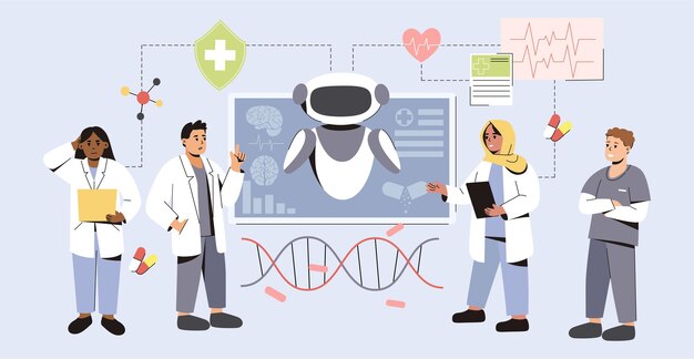 AI en medicina Inteligencia artificial ayuda en el diagnóstico médico y el tratamiento de pacientes Tecnología futurista en medicina Médicos planos que utilizan tecnologías innovadoras para la investigación y el análisis de enfermedades