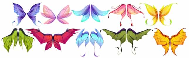 Vector gratuito alas de dragón de hadas o conjunto aislado de mariposas