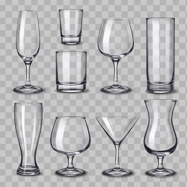 Alcohol bebe cristalería conjunto realista con vasos vacíos aislados de varias formas clásicas en la ilustración de vector de fondo transparente