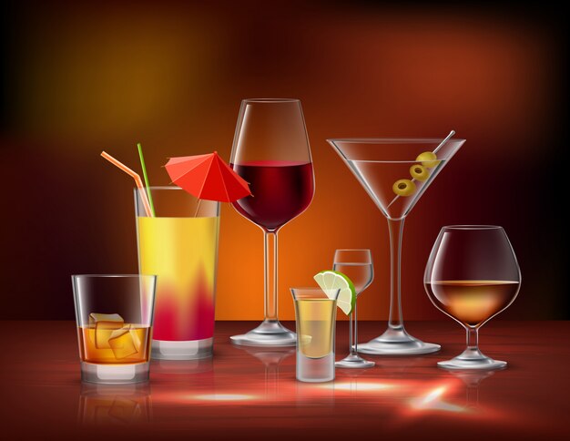 Alcohol bebidas bebidas en vasos decorativos iconos conjunto