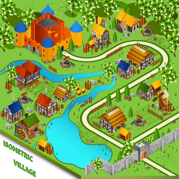 Aldea Medieval Paisaje Isométrico