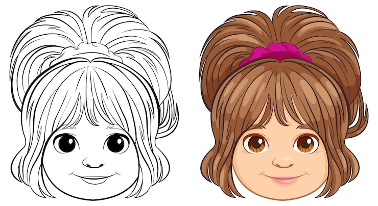 Vector gratuito la alegre chica de dibujos animados antes y después de colorear